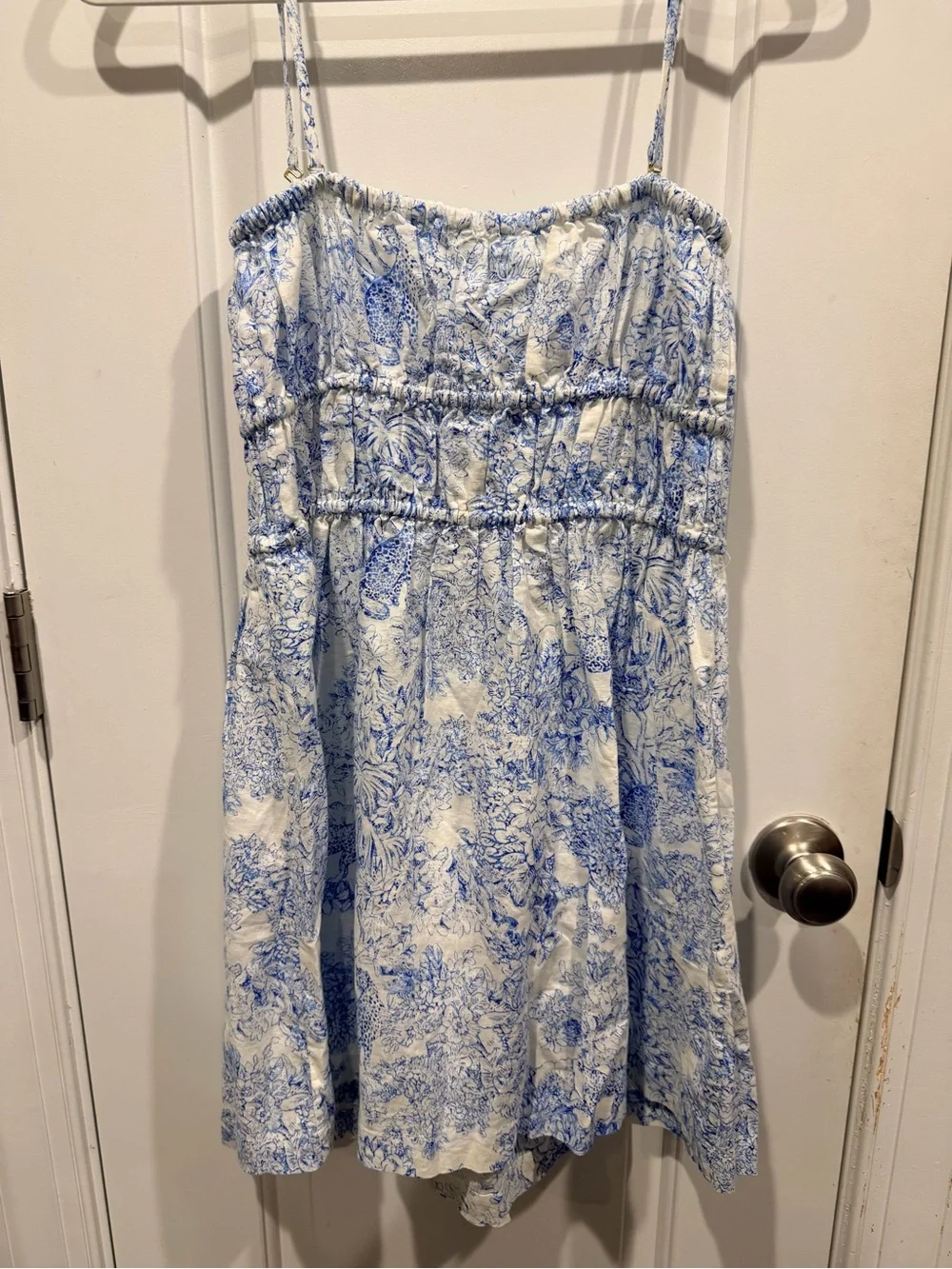 J.Crew Blue & White Toile Print Linen Blend Tie Front Dress XS NWT